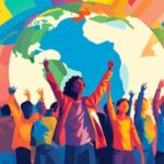 people holding hands around world People holding hands around the world. 3d illustration stock