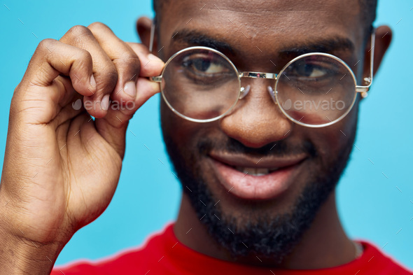 man fashion blue african model black glasses american portrait shirt