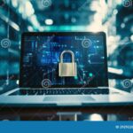 lock screen laptop warna abu A laptop with a lock on the screen stock illustration