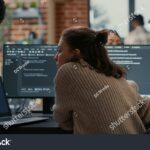 laptop in modern office coding A modern laptop from an angle in the office interior stock illustration