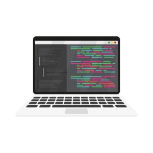 illustrasi laptop coding Coding development concept inside isometric laptop vector illustration