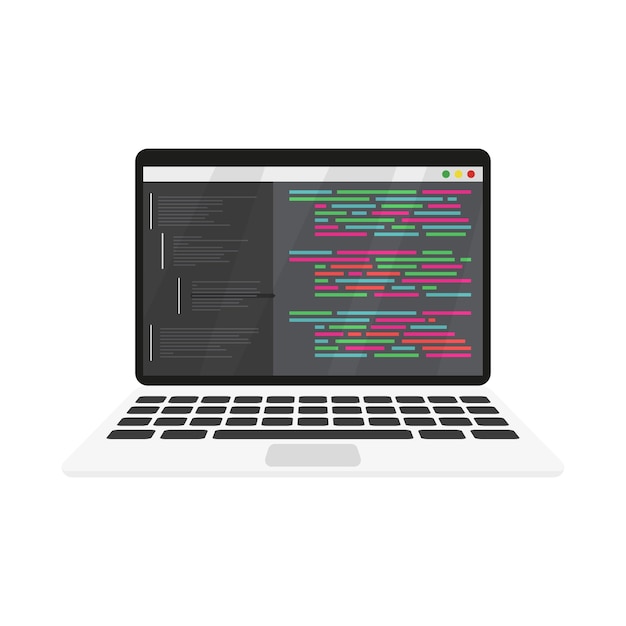 A programmer working on a laptop, surrounded by code and a dynamic workspace.