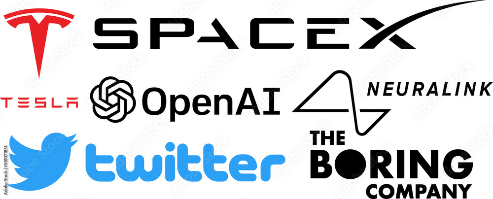 Popular logos of Elon Musk companies. Logos: Tesla, OpenAI, SpaceX, The
