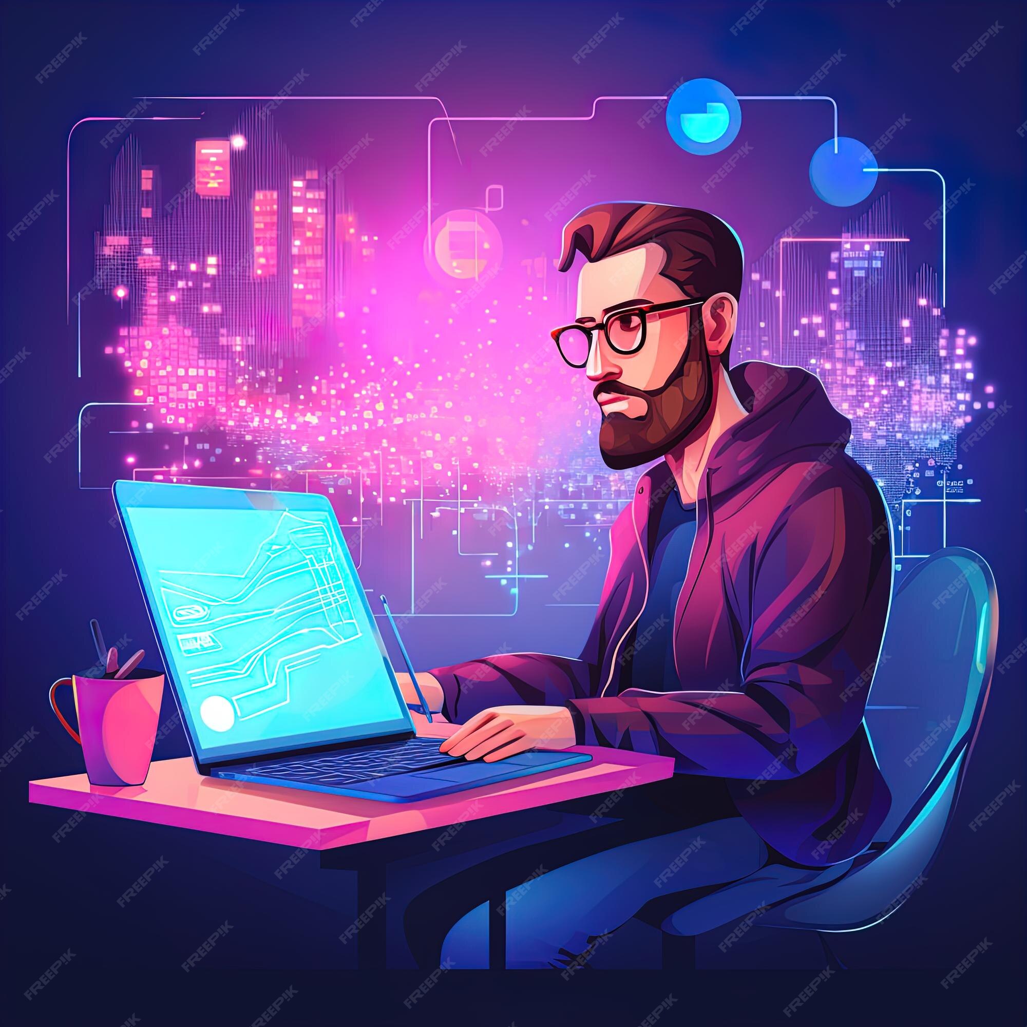 Premium AI Image | Man coding at laptop Vector modern illustration flat