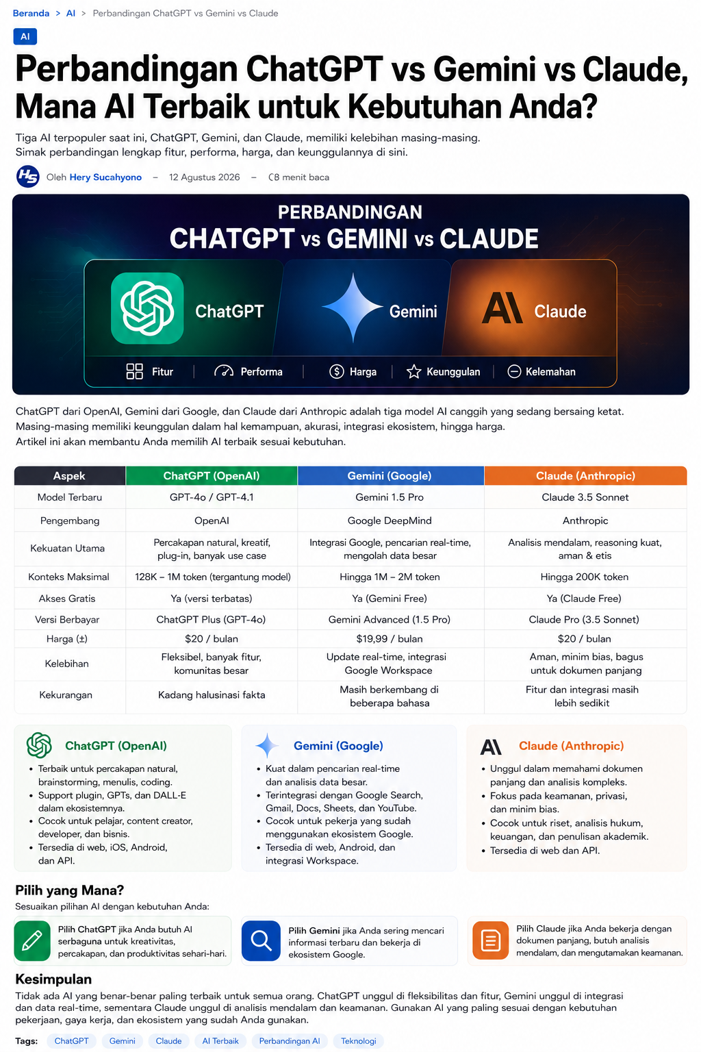 Perbandingan ChatGPT vs Gemini vs Claude di 2026: Mana AI Terbaik untuk Kebutuhan Anda?